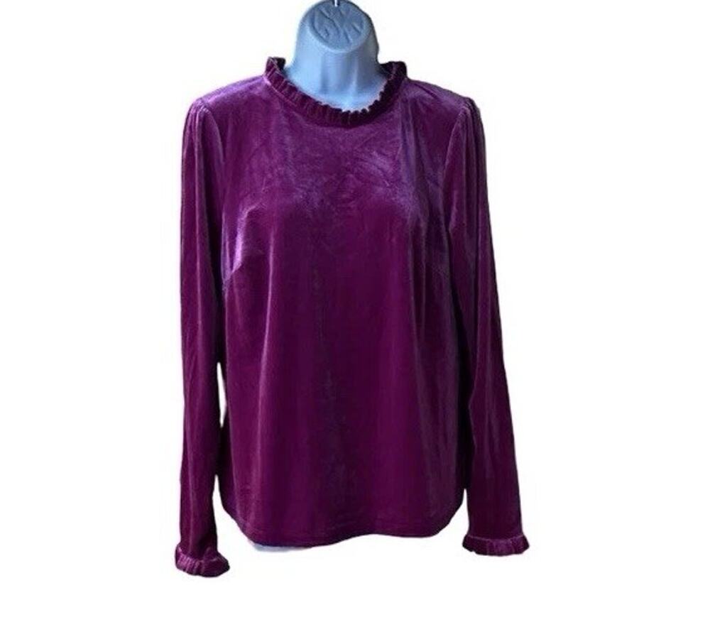 Boden Velvet Blouse Womens 12 Magenta Pink Ruffle Neck Long Sleeve Top
